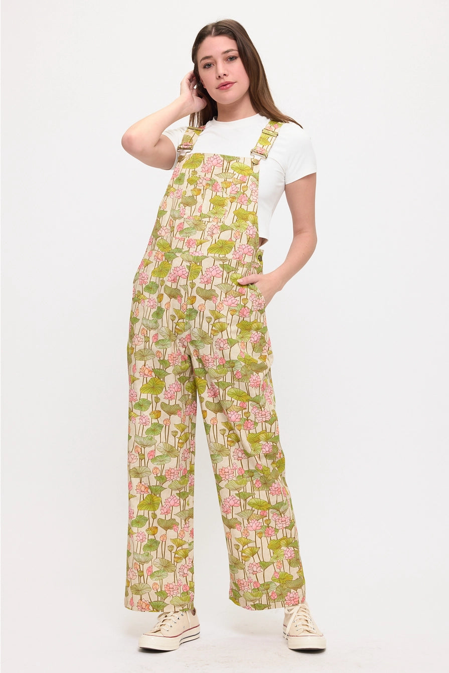 Lotus Flower and Lily Pads Print Overalls