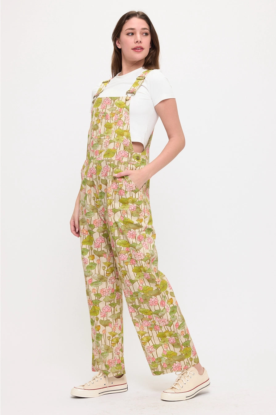 Lotus Flower and Lily Pads Print Overalls