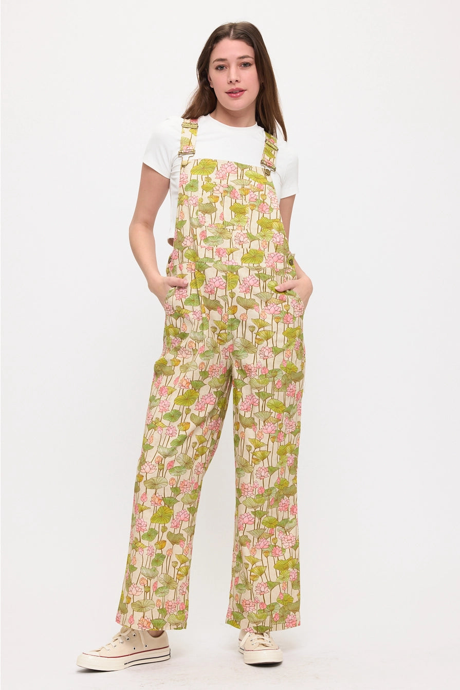 Lotus Flower and Lily Pads Print Overalls