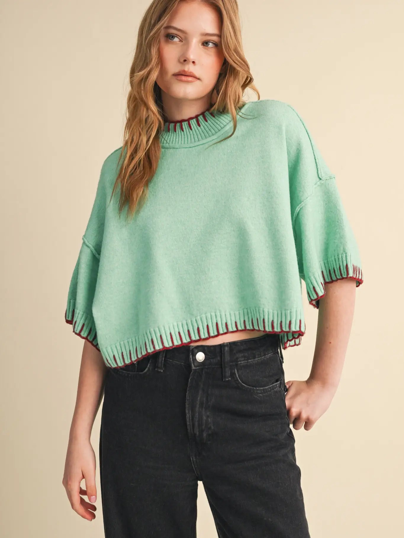 Mint & Wine Contrast Stitch Mock Neck Sweater