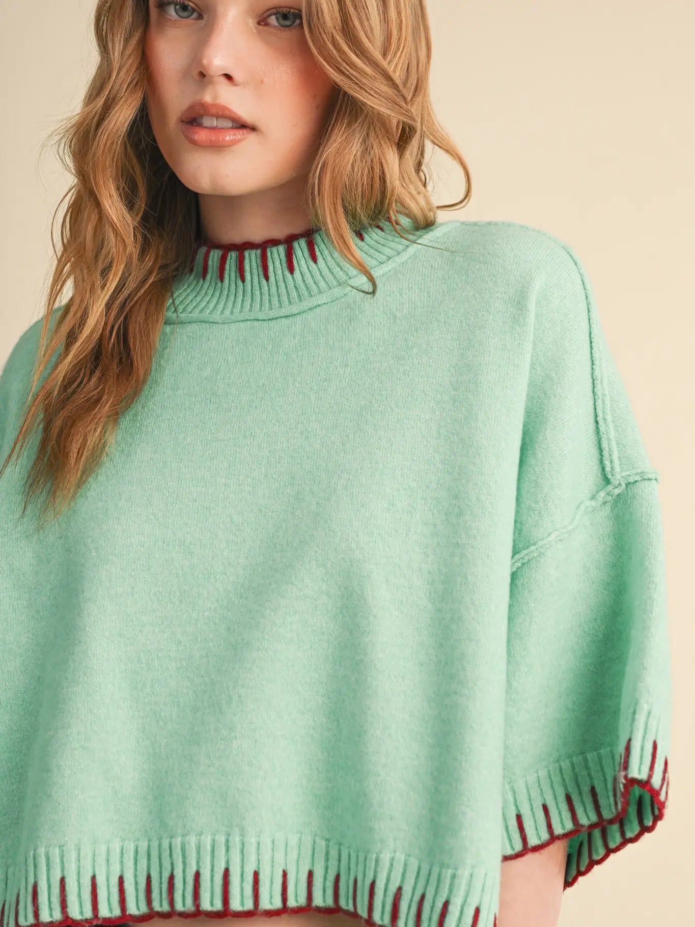 Mint & Wine Contrast Stitch Mock Neck Sweater