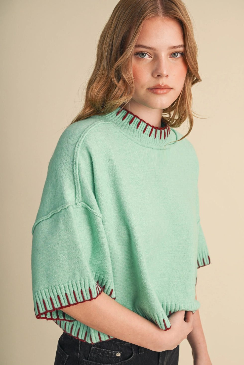 Mint & Wine Contrast Stitch Mock Neck Sweater