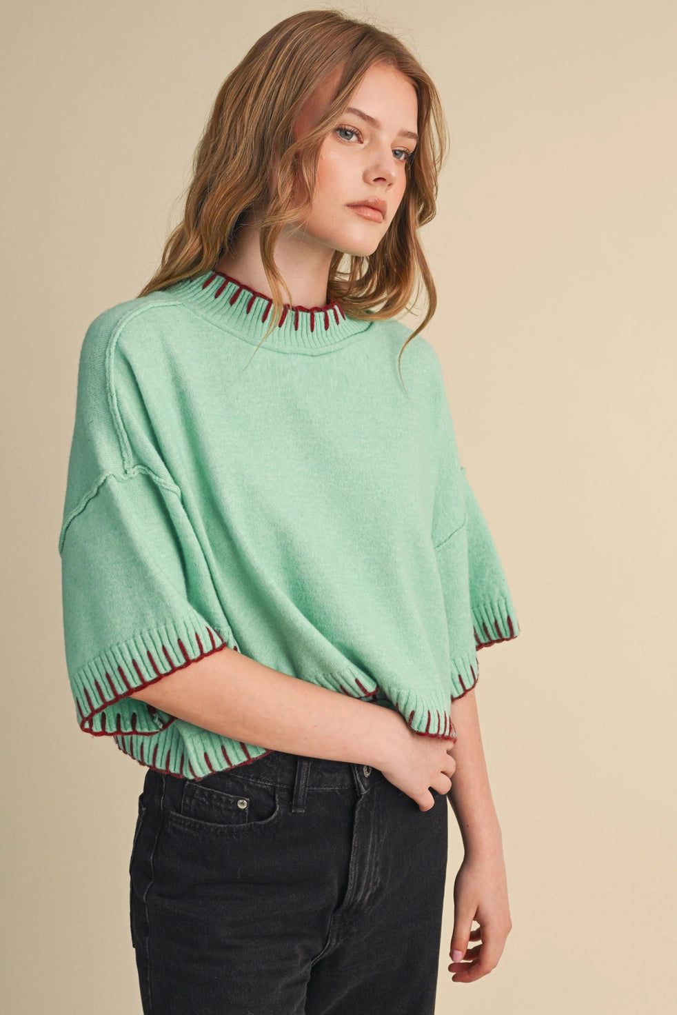 Mint & Wine Contrast Stitch Mock Neck Sweater