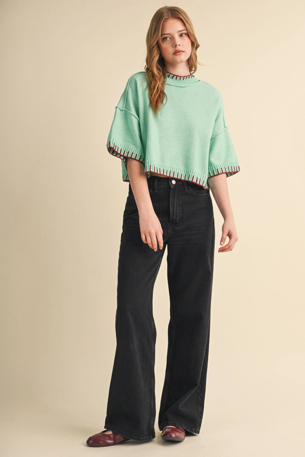 Mint & Wine Contrast Stitch Mock Neck Sweater