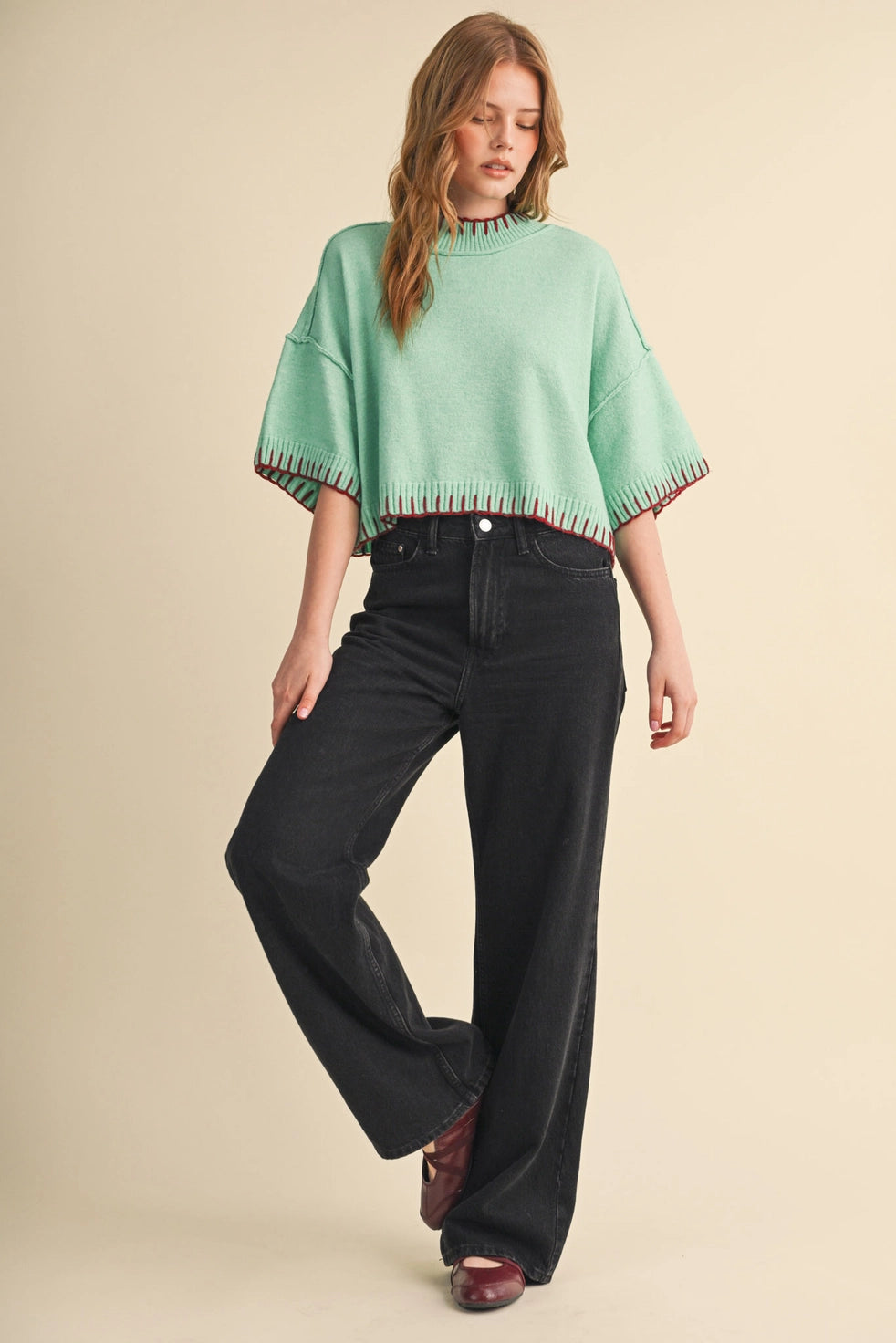 Mint & Wine Contrast Stitch Mock Neck Sweater