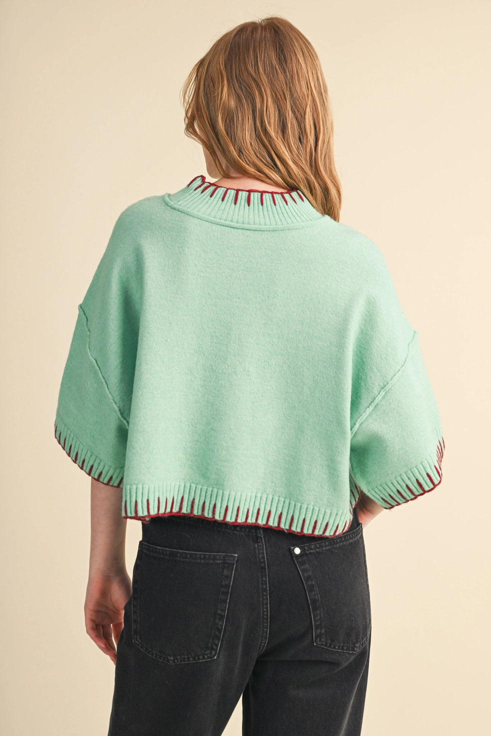 Mint & Wine Contrast Stitch Mock Neck Sweater