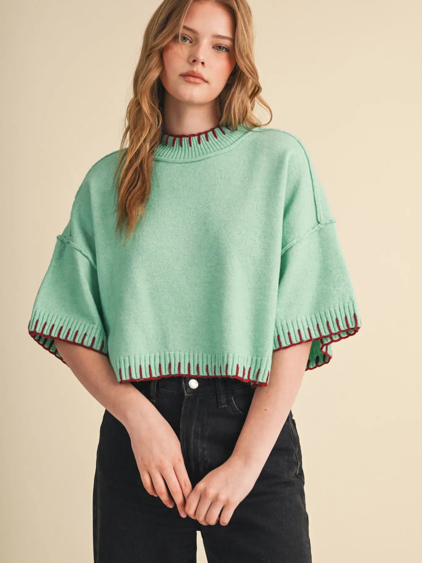 Mint & Wine Contrast Stitch Mock Neck Sweater