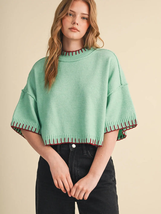 Mint & Wine Contrast Stitch Mock Neck Sweater