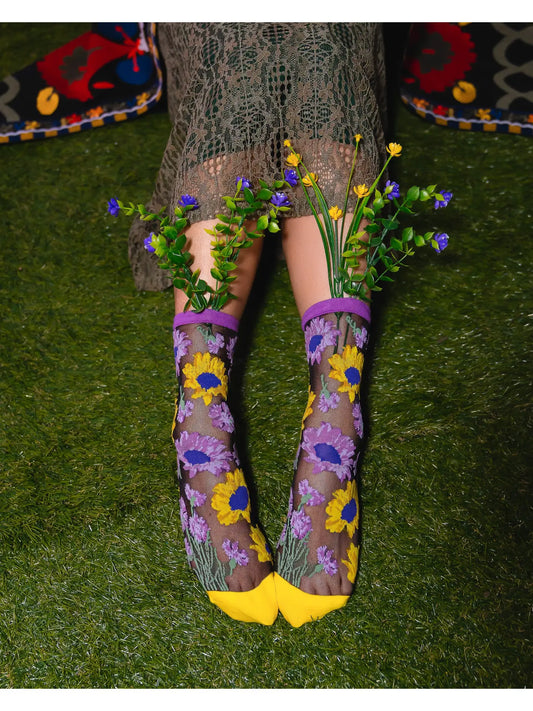 Mixed Sunflowers Black Sheer Socks