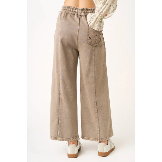Mocha Eyelet Lace Pocket Mineral Wash Wide Leg Pants