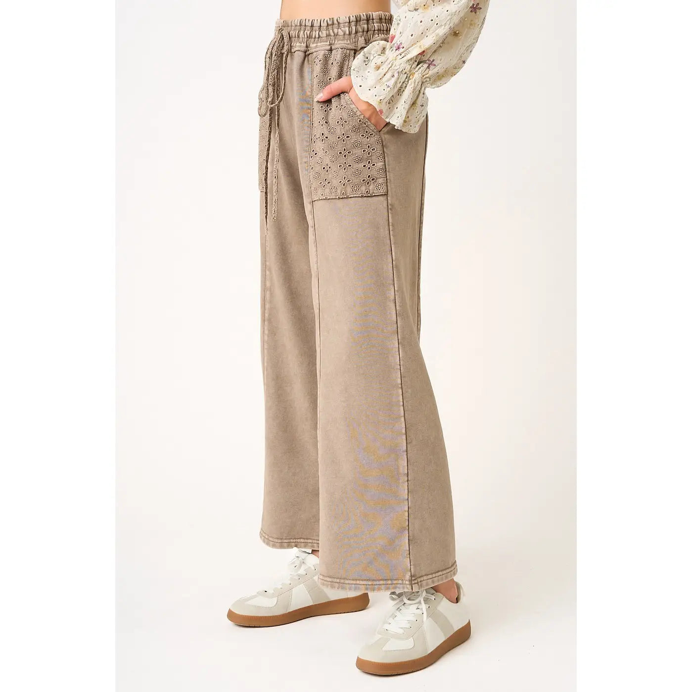 Mocha Eyelet Lace Pocket Mineral Wash Wide Leg Pants