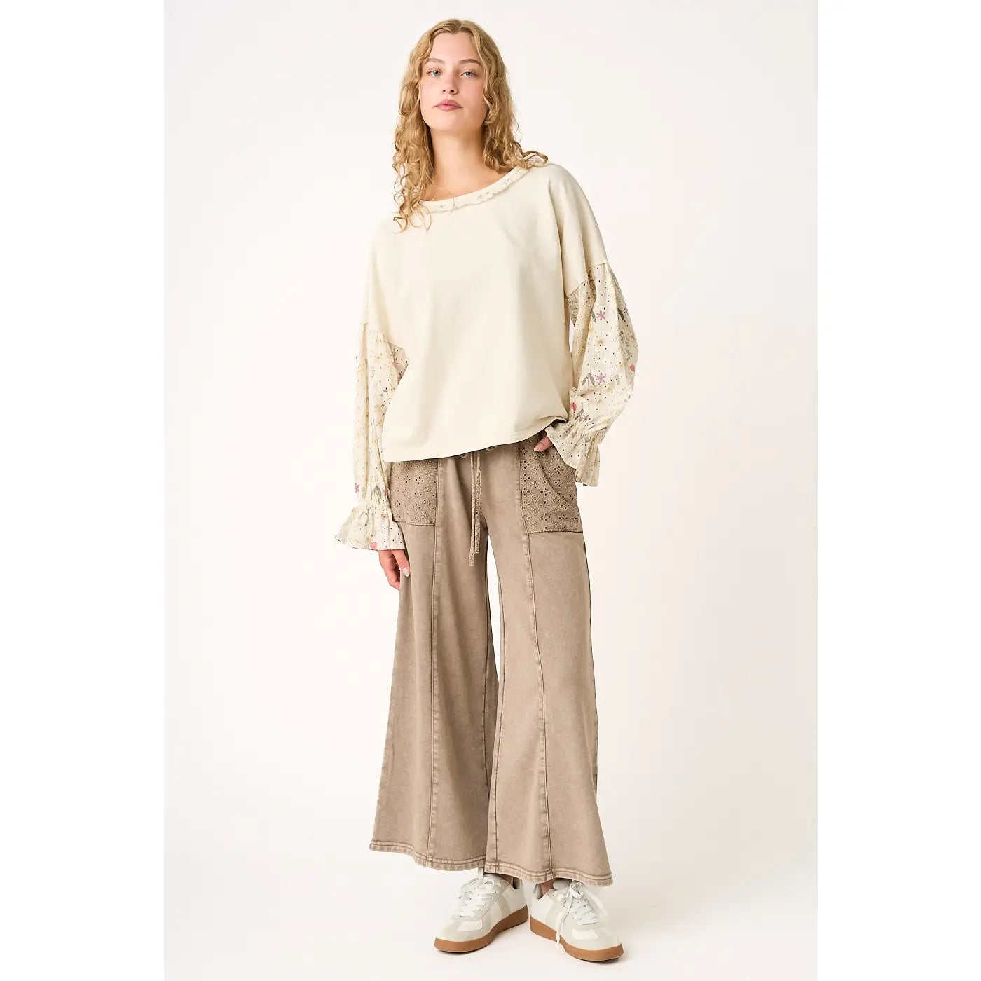 Mocha Eyelet Lace Pocket Mineral Wash Wide Leg Pants
