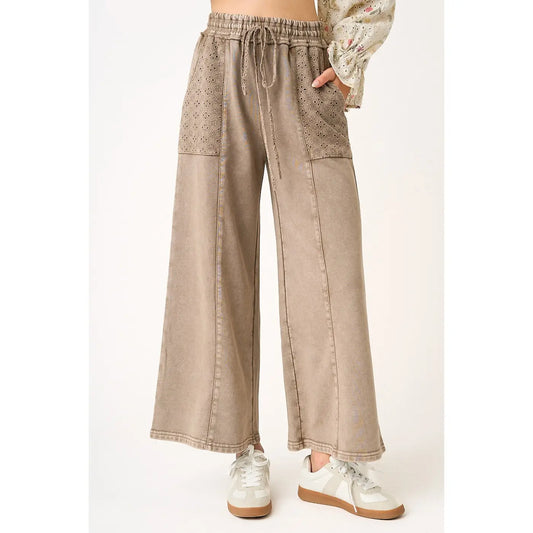 Mocha Eyelet Lace Pocket Mineral Wash Wide Leg Pants