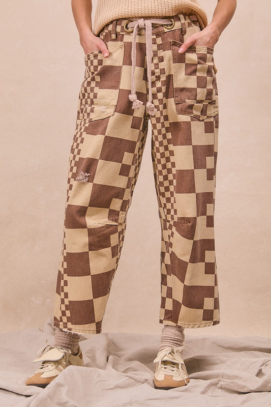 Mocha Washed Checker Braided Waist Belt Pants
