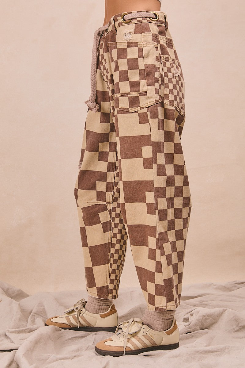Mocha Washed Checker Braided Waist Belt Pants