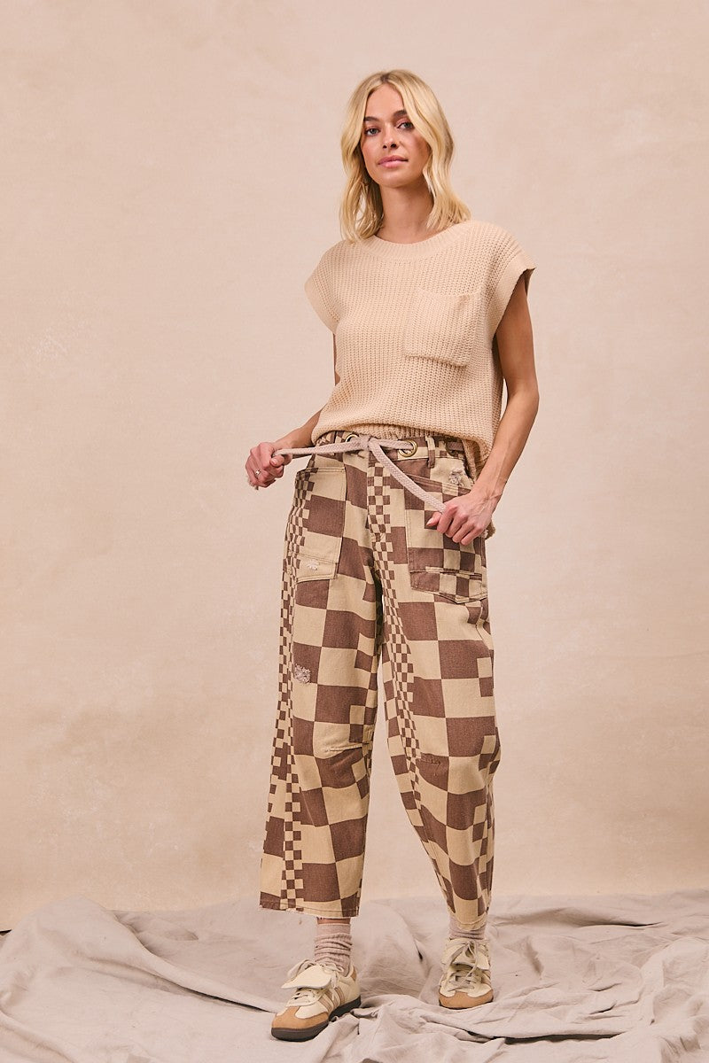 Mocha Washed Checker Braided Waist Belt Pants