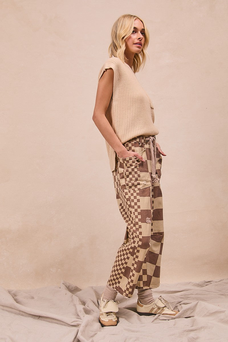 Mocha Washed Checker Braided Waist Belt Pants