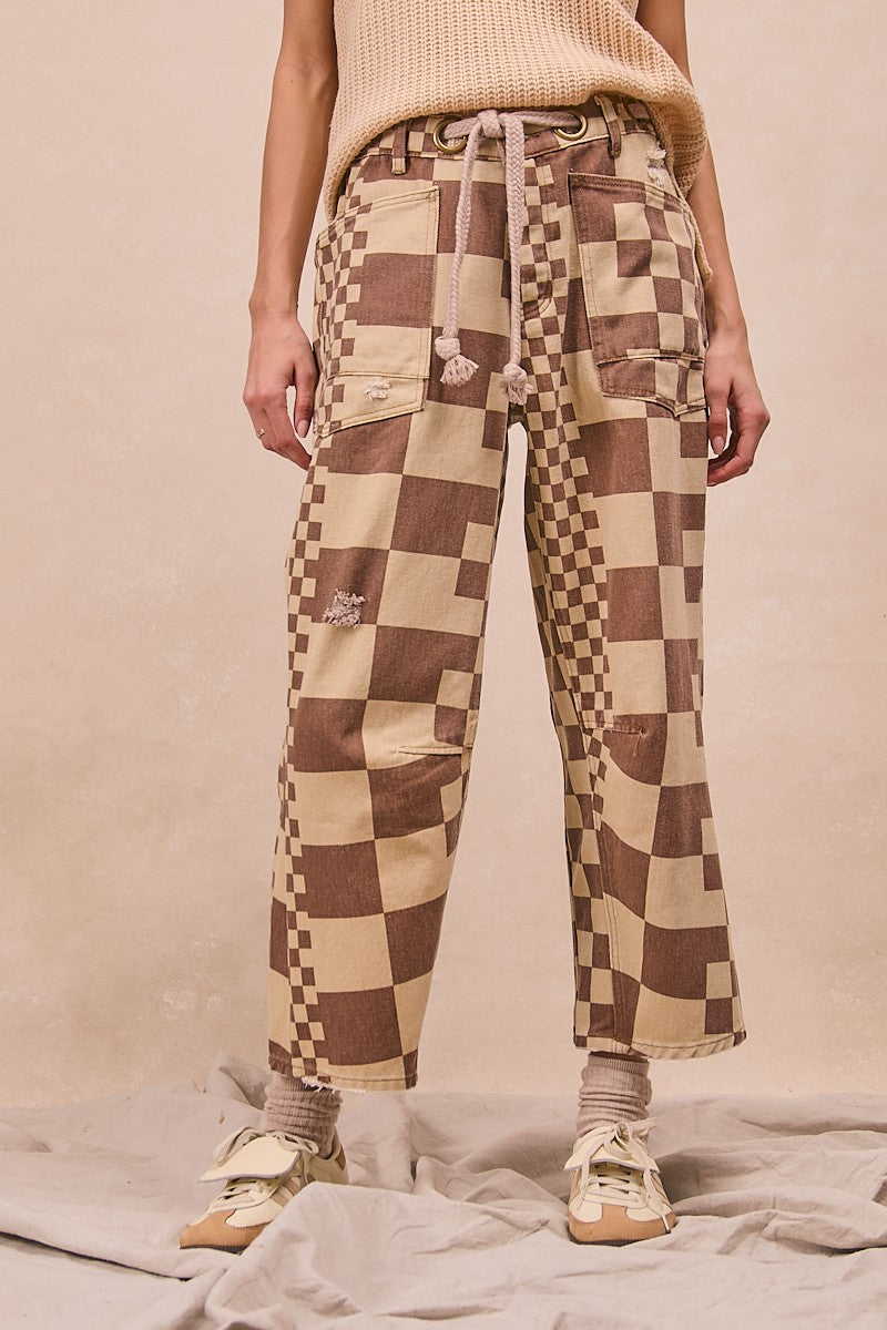 Mocha Washed Checker Braided Waist Belt Pants