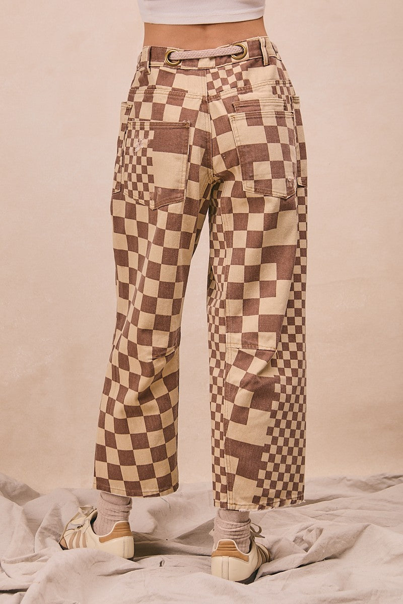 Mocha Washed Checker Braided Waist Belt Pants