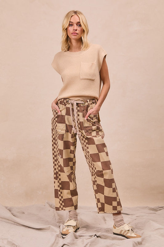 Mocha Washed Checker Braided Waist Belt Pants