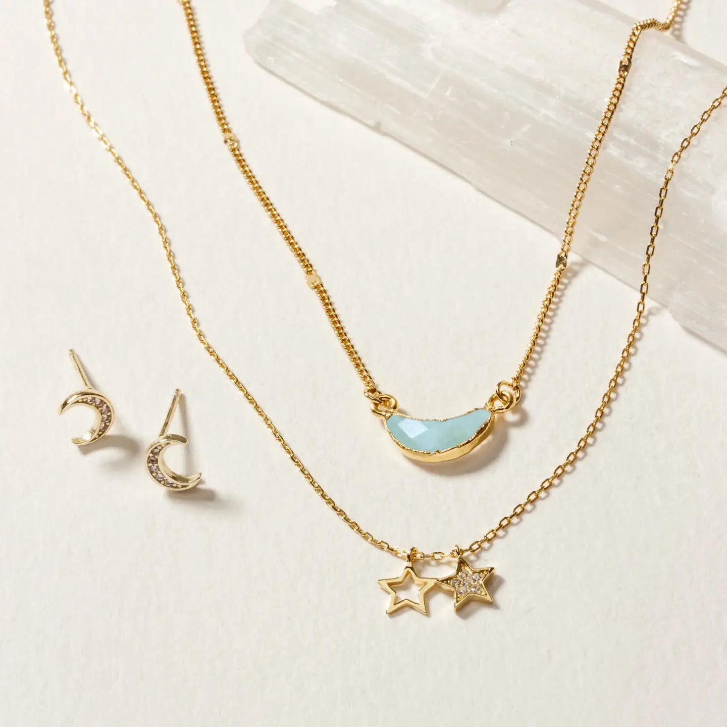 Aquamarine Moon and Stars Necklace Set