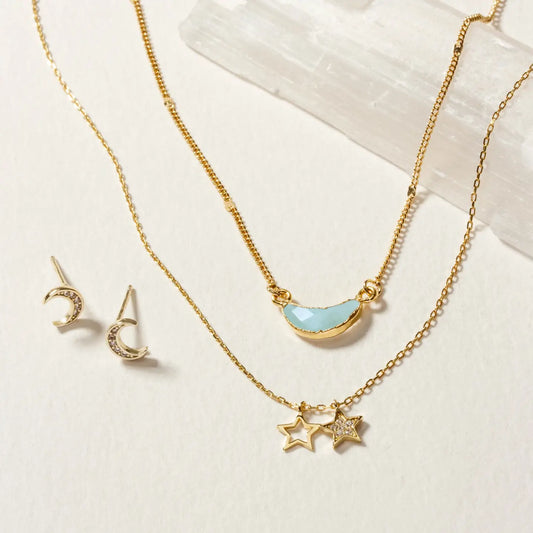 Aquamarine Moon and Stars Necklace Set