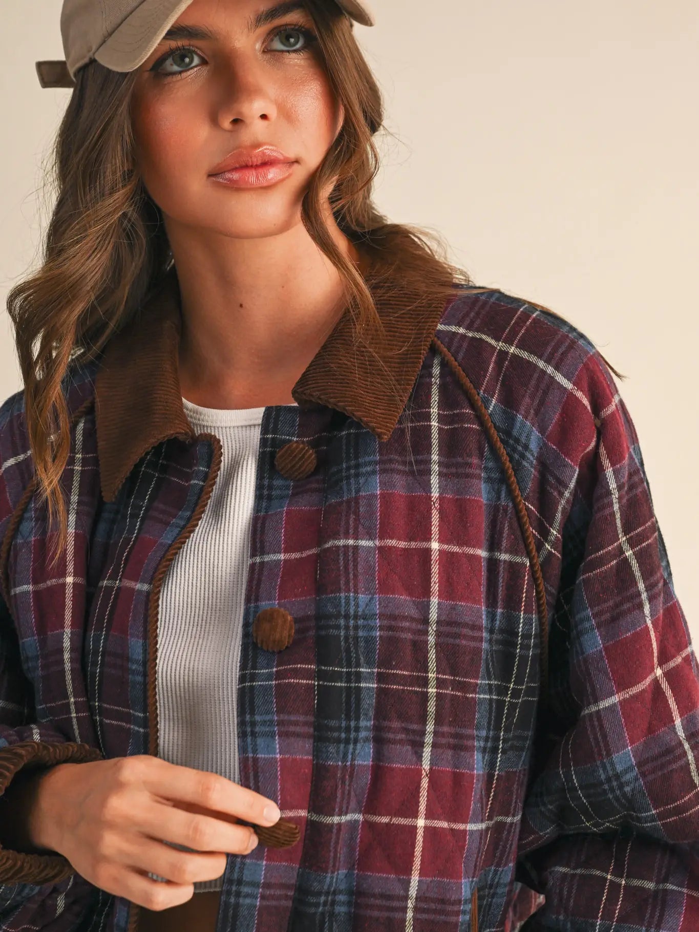Mulberry Plaid Quilted Jacket with Contrast Corduroy Detail