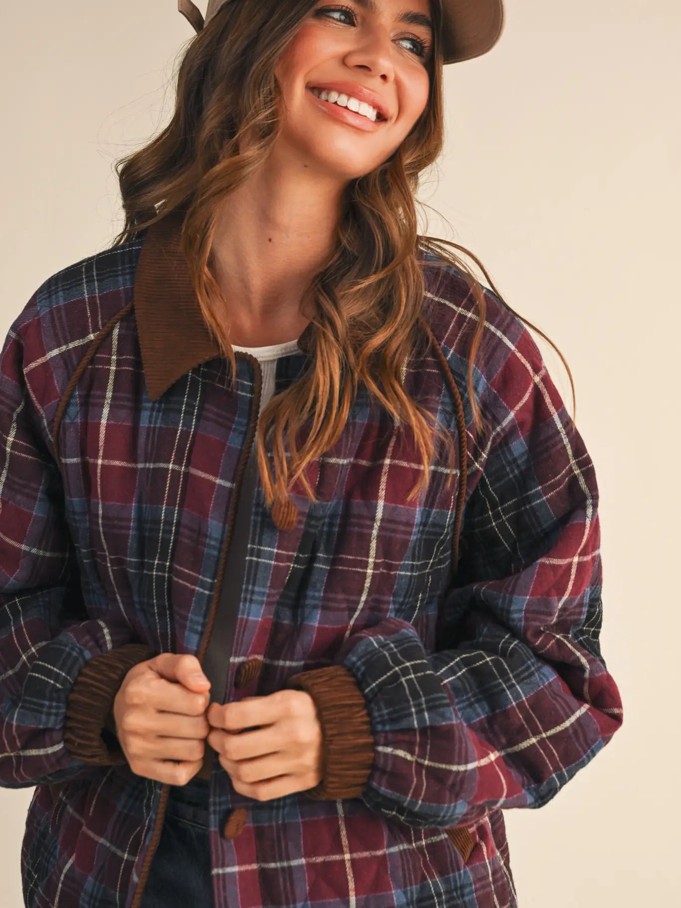 Mulberry Plaid Quilted Jacket with Contrast Corduroy Detail