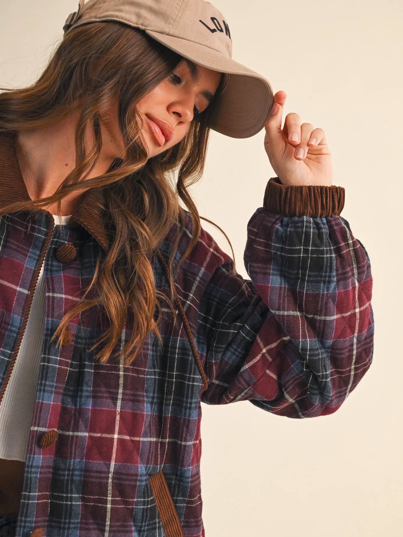 Mulberry Plaid Quilted Jacket with Contrast Corduroy Detail