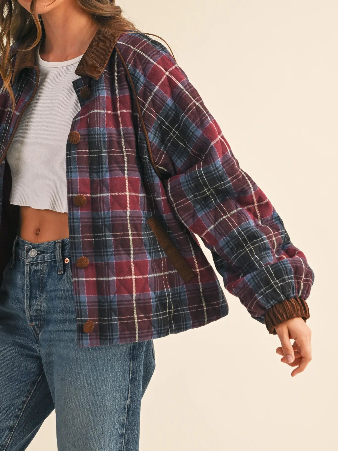 Mulberry Plaid Quilted Jacket with Contrast Corduroy Detail