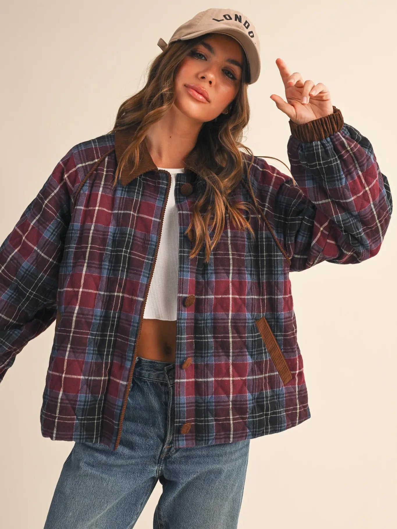 Mulberry Plaid Quilted Jacket with Contrast Corduroy Detail