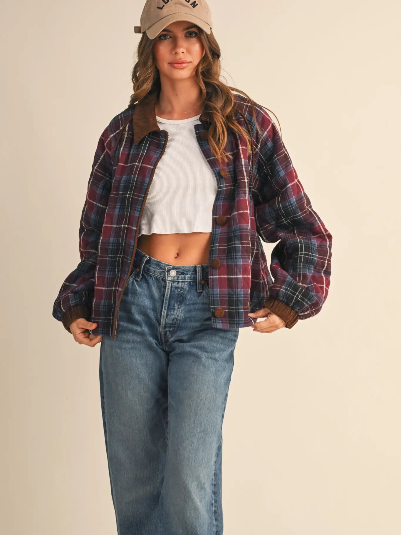 Mulberry Plaid Quilted Jacket with Contrast Corduroy Detail