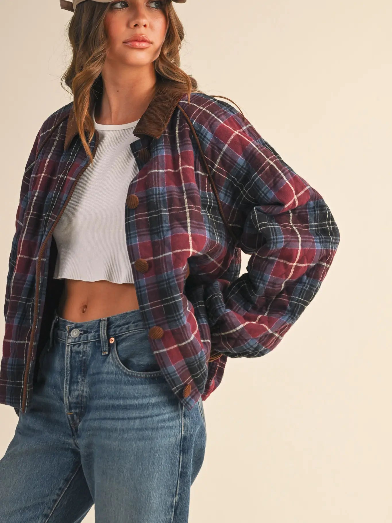 Mulberry Plaid Quilted Jacket with Contrast Corduroy Detail