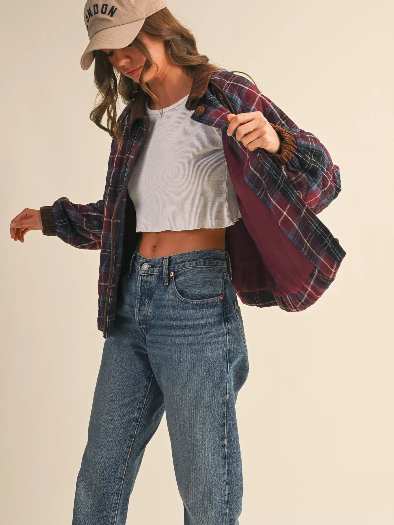 Mulberry Plaid Quilted Jacket with Contrast Corduroy Detail
