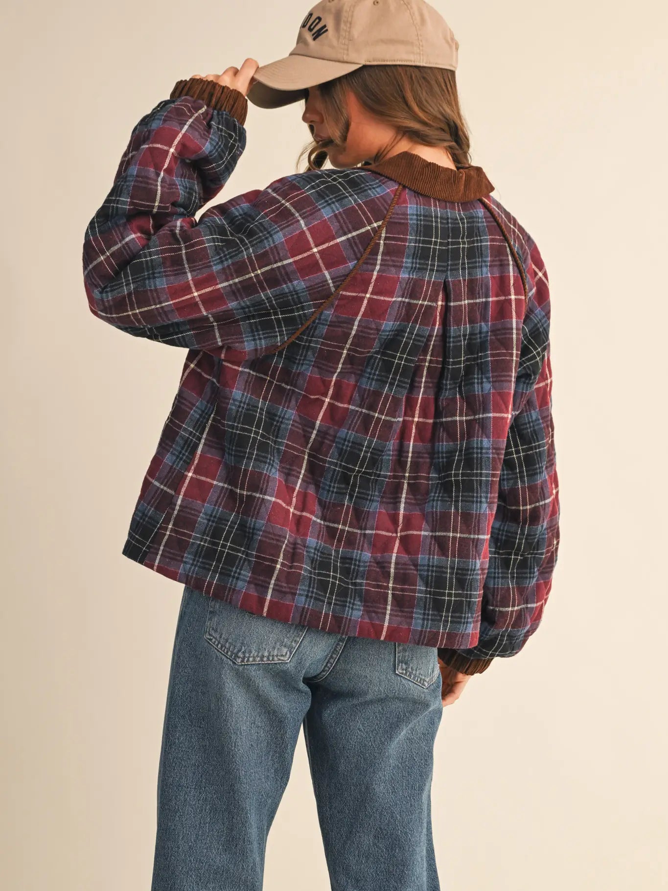 Mulberry Plaid Quilted Jacket with Contrast Corduroy Detail