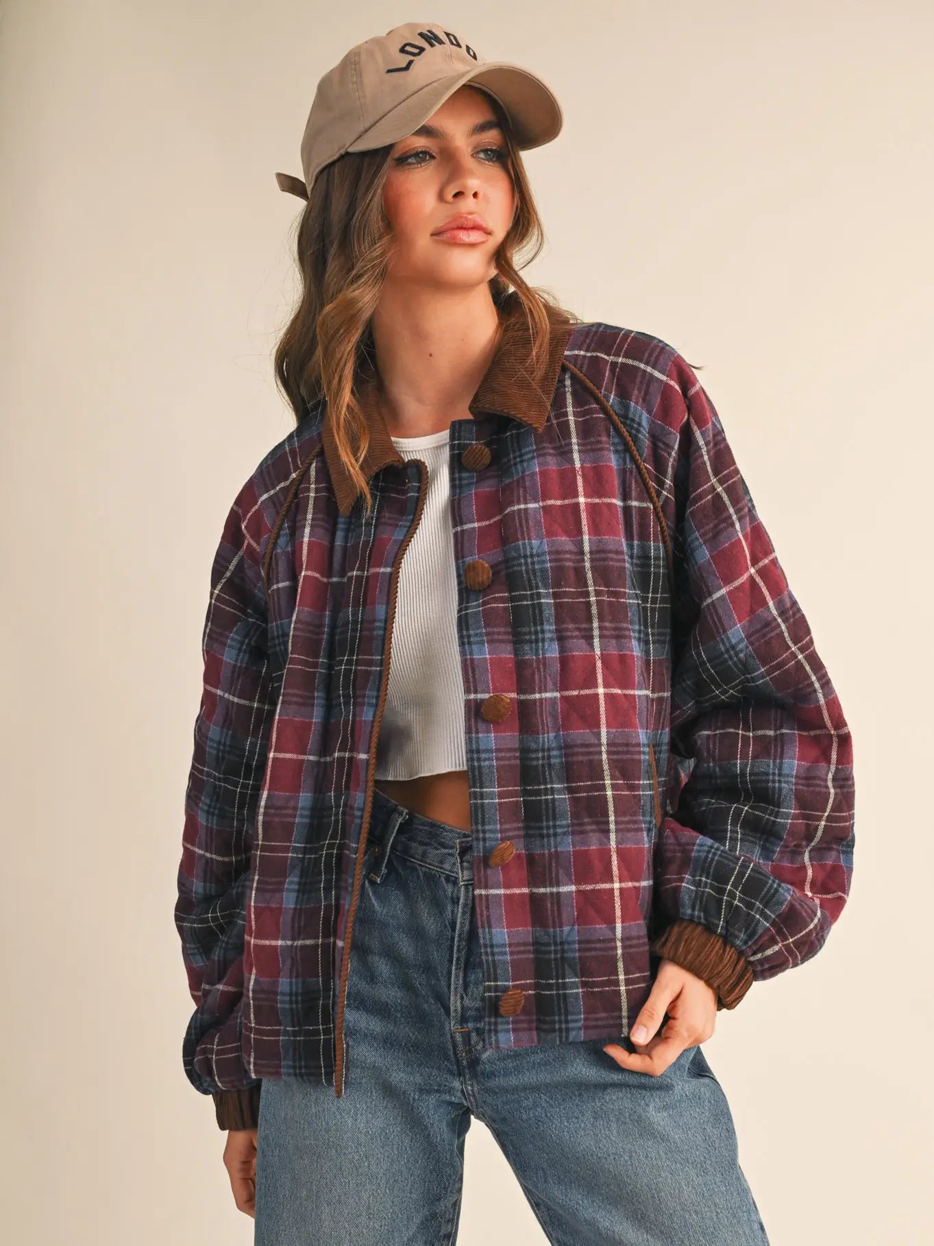 Mulberry Plaid Quilted Jacket with Contrast Corduroy Detail