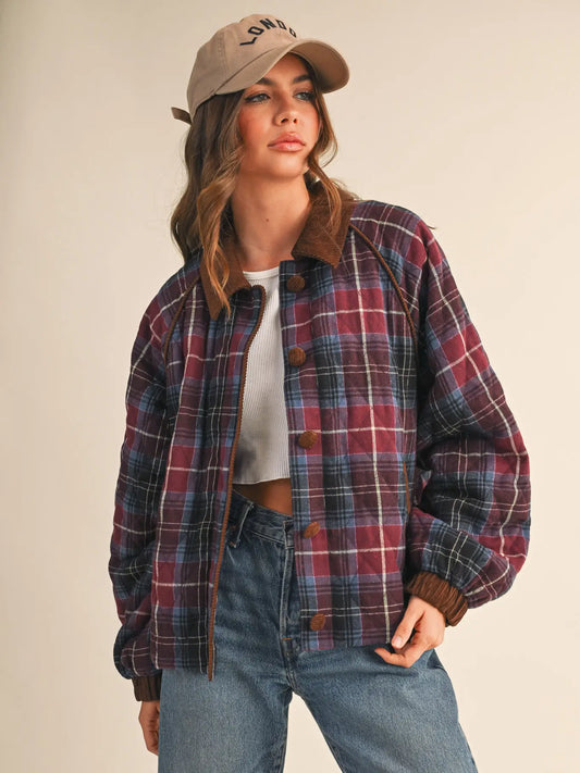 Mulberry Plaid Quilted Jacket with Contrast Corduroy Detail