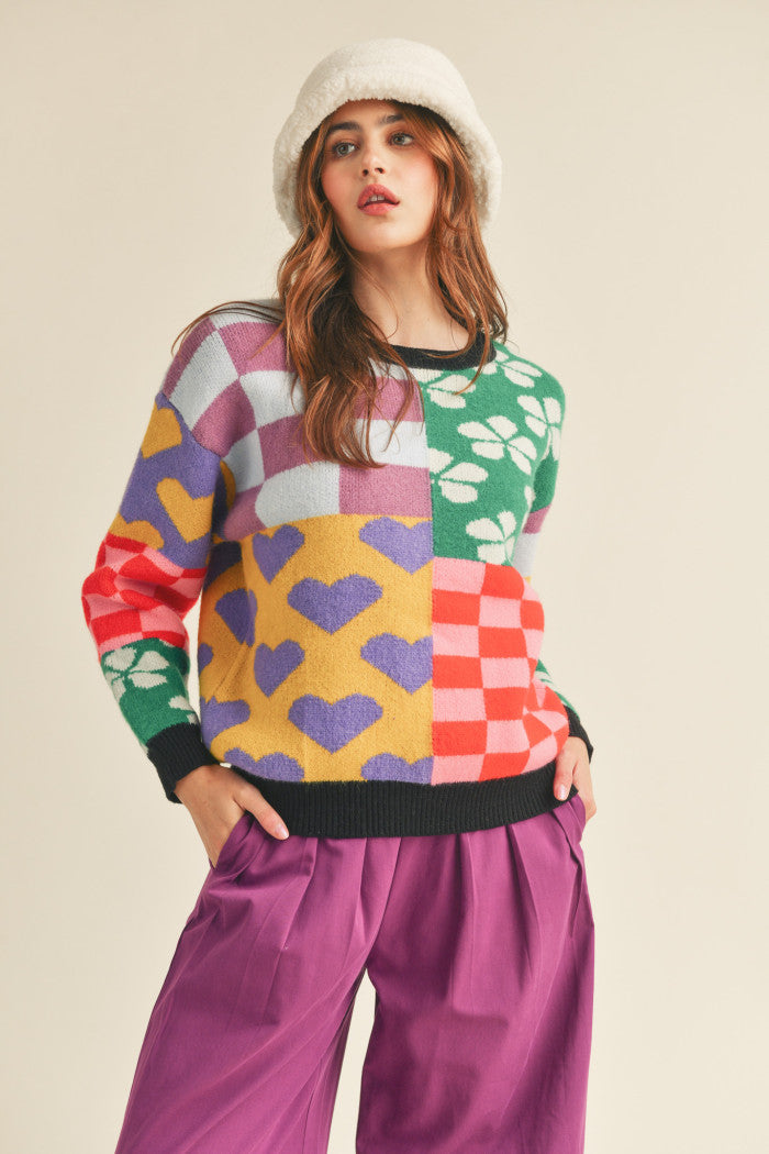 Multi Pattern Patch Sweater