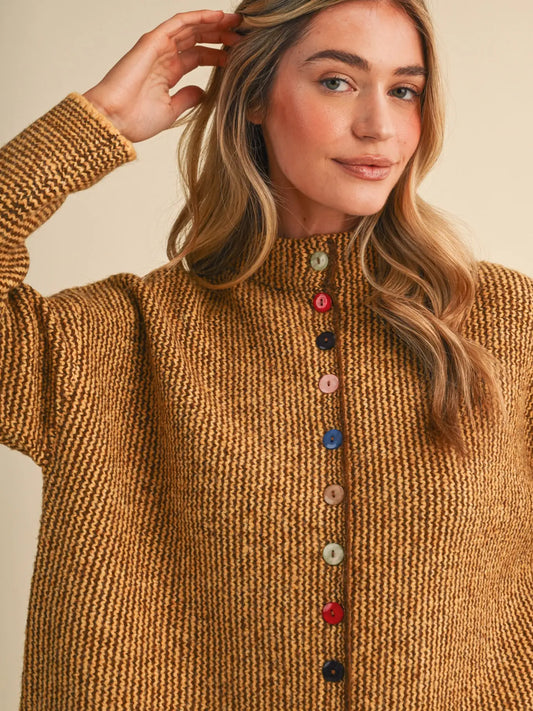 Mustard & Brown Striped Cardigan with Colorful Buttons