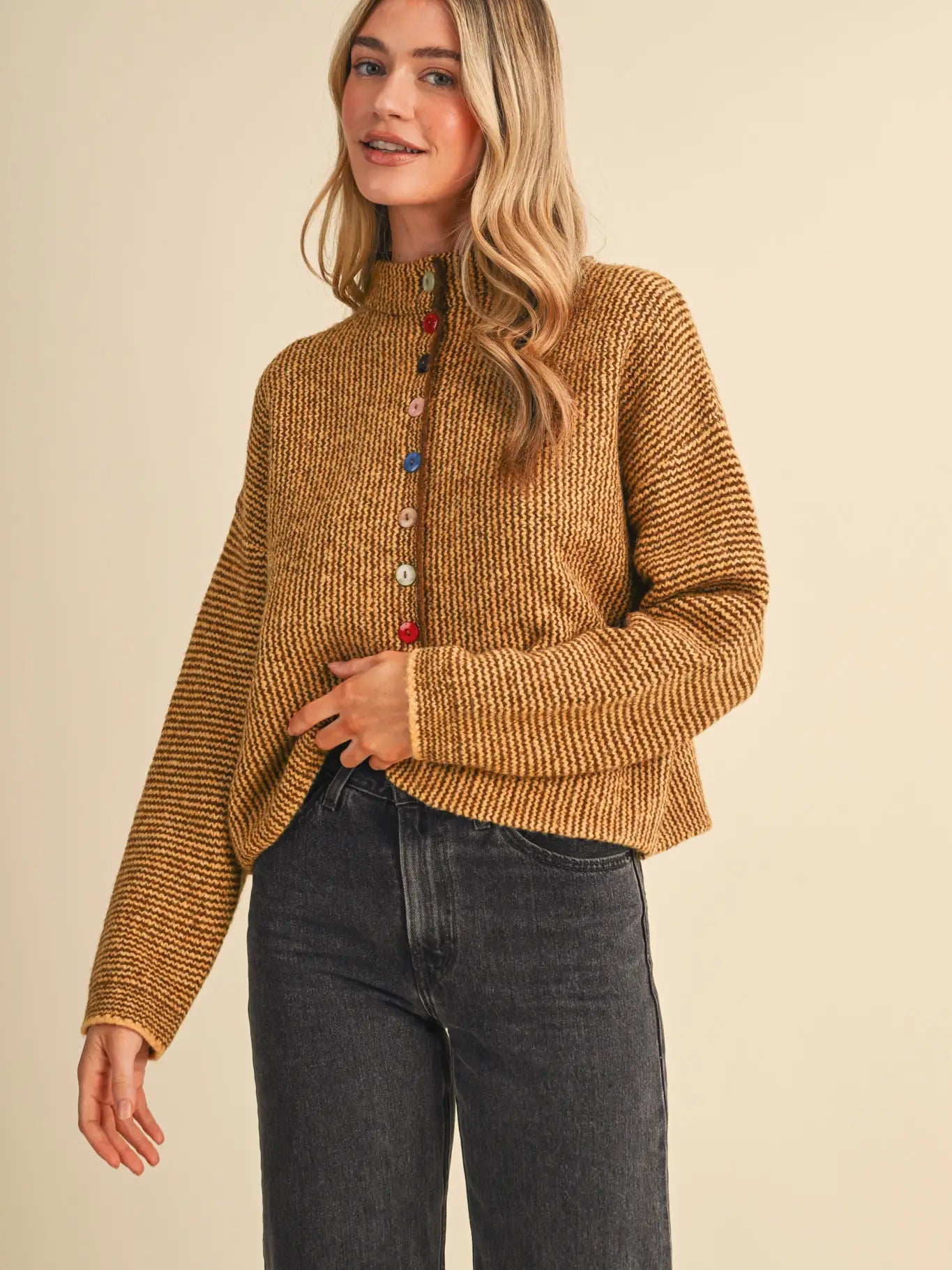 Mustard & Brown Striped Cardigan with Colorful Buttons