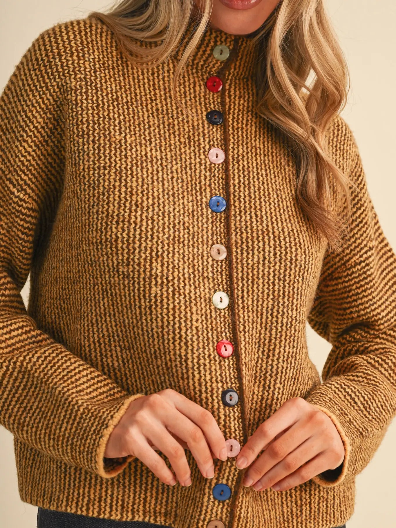 Mustard & Brown Striped Cardigan with Colorful Buttons