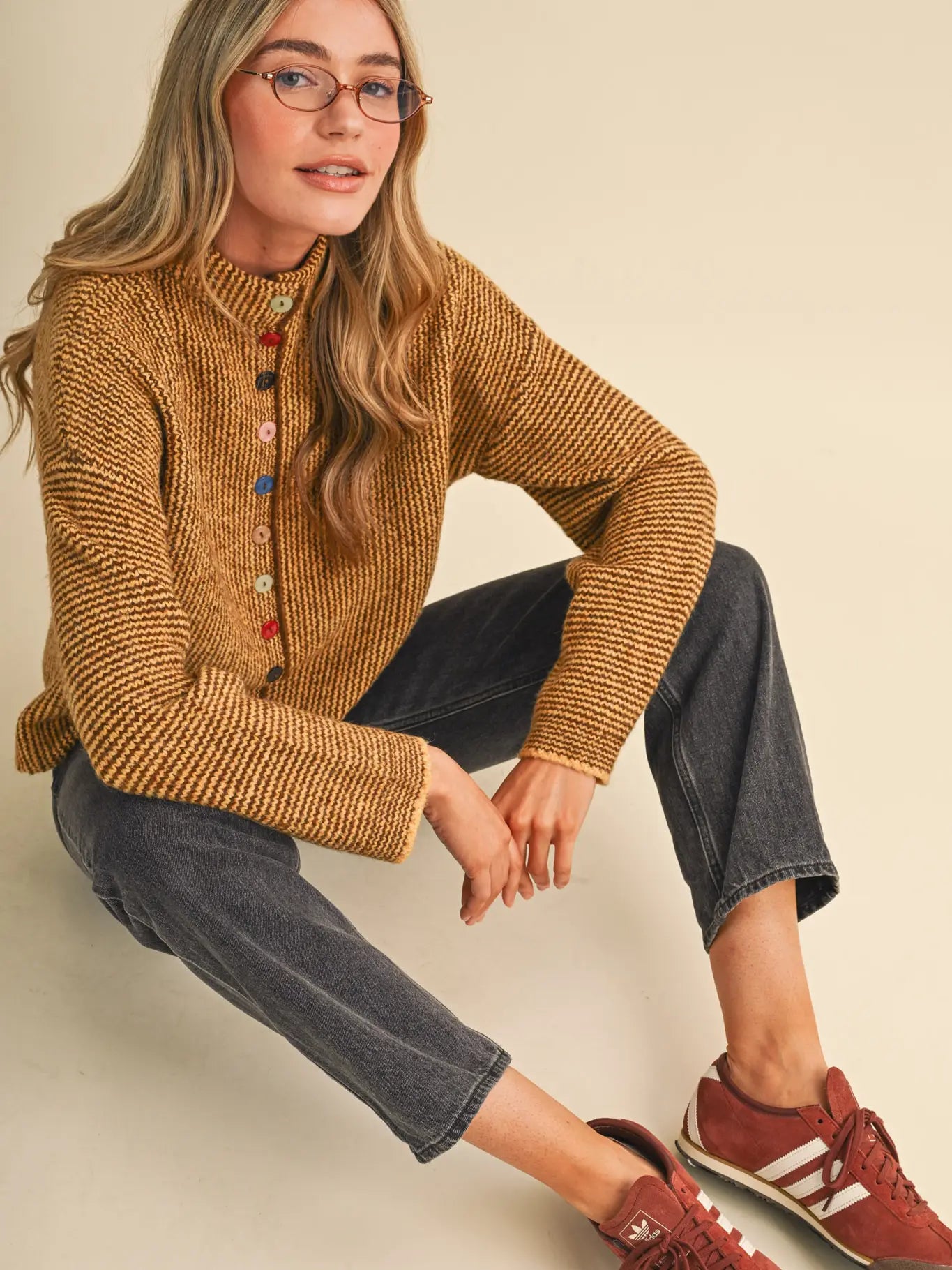 Mustard & Brown Striped Cardigan with Colorful Buttons
