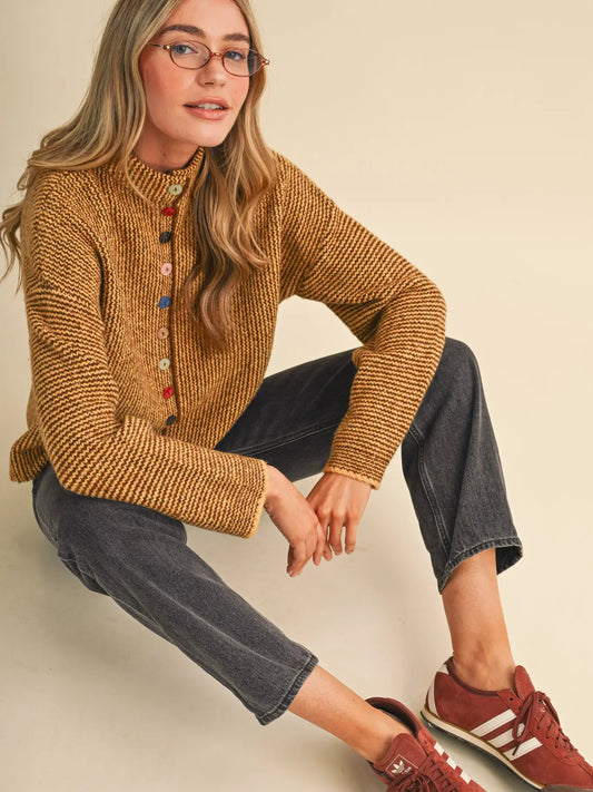 Mustard & Brown Striped Cardigan with Colorful Buttons