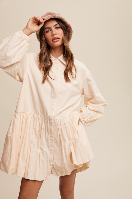 Natural Button Down Collared Bubble Hem Dress