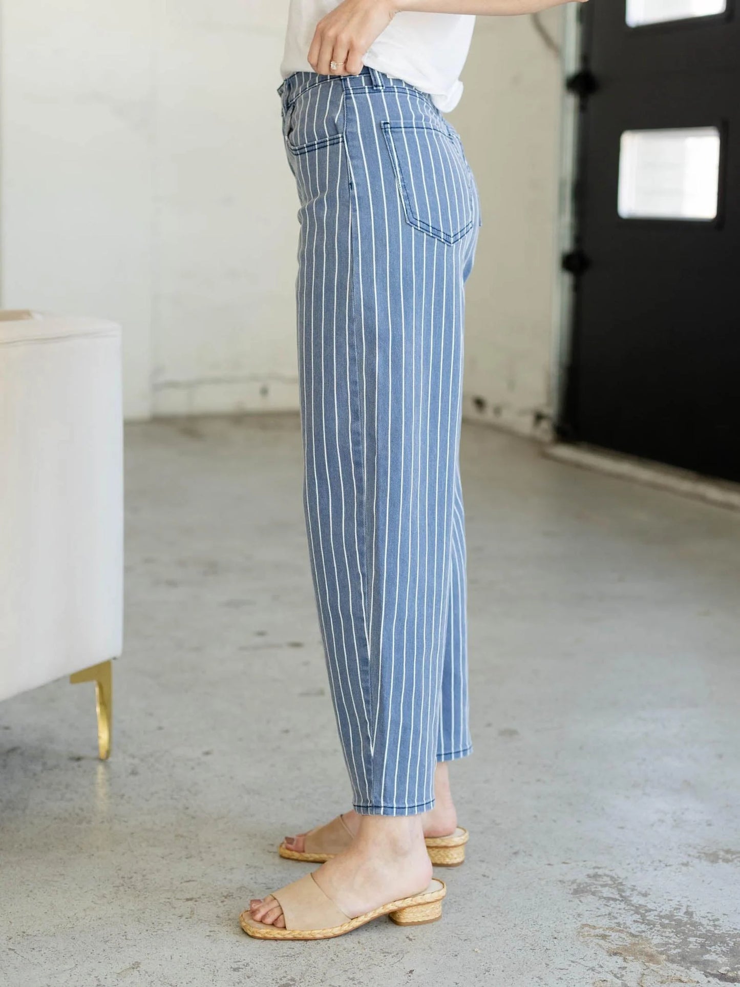 Navy Stripe Barrel Jeans