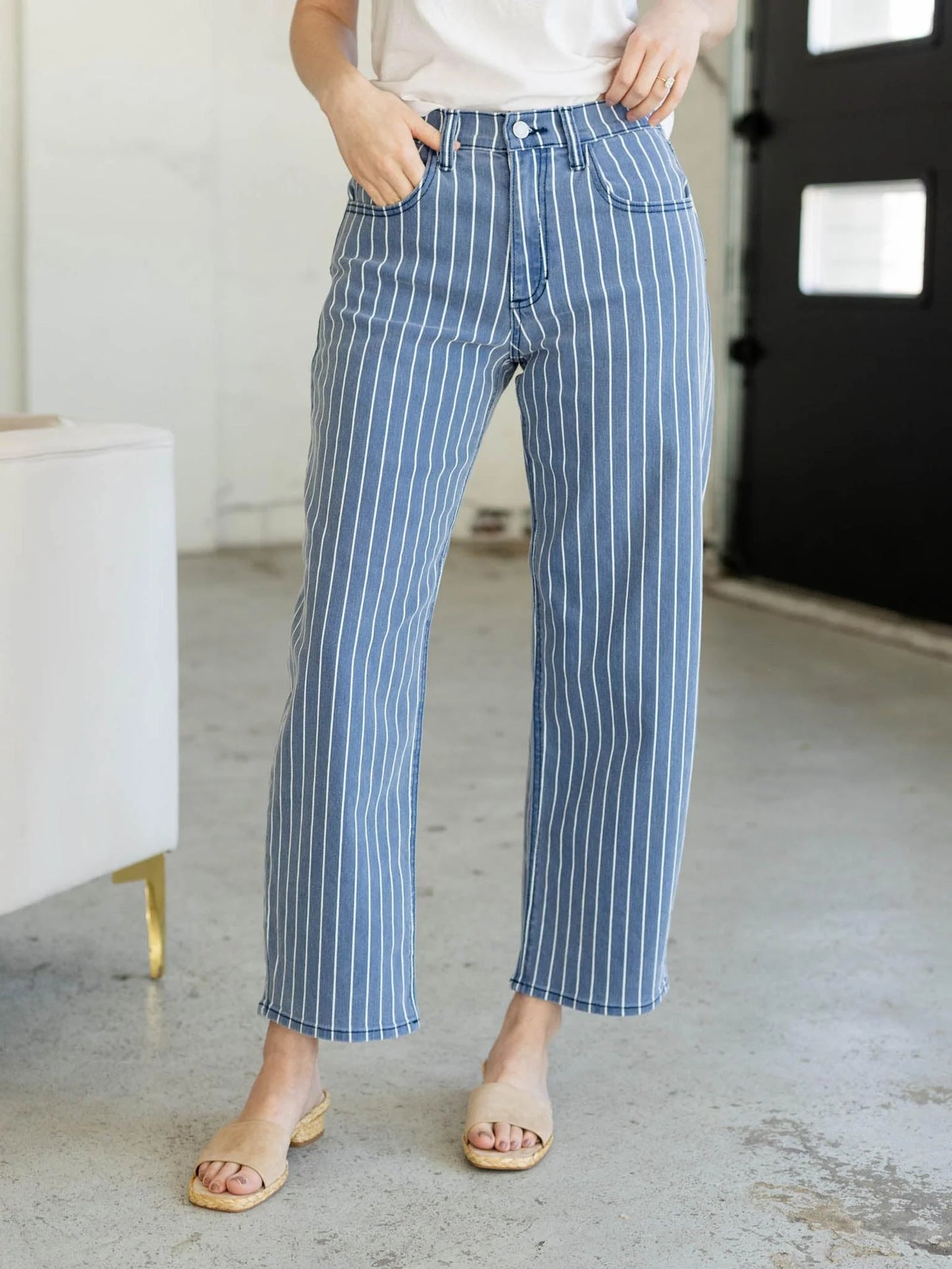 Navy Stripe Barrel Jeans