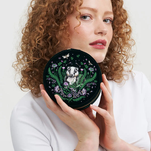 Nocturnal Garden Badger Embroidered Green Circle Jewelry Box by Fable England