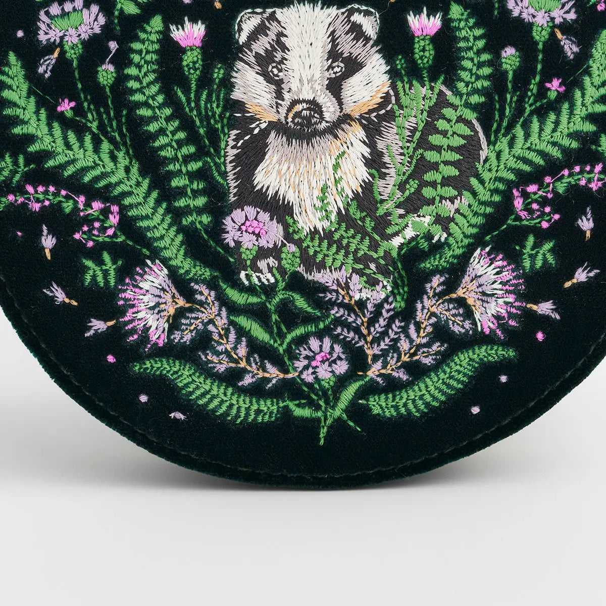 Nocturnal Garden Badger Embroidered Green Circle Jewelry Box by Fable England