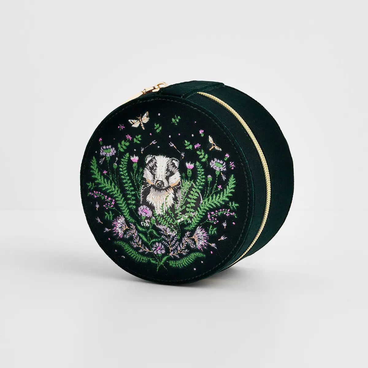 Nocturnal Garden Badger Embroidered Green Circle Jewelry Box by Fable England