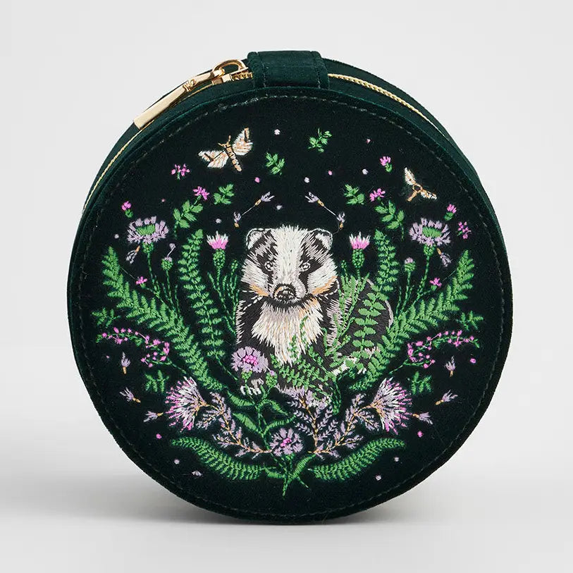 Nocturnal Garden Badger Embroidered Green Circle Jewelry Box by Fable England